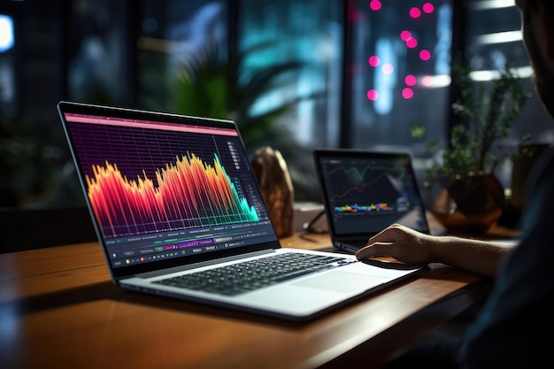 夜に画面上に株価チャートを表示してラップトップコンピューターで作業するビジネスマン