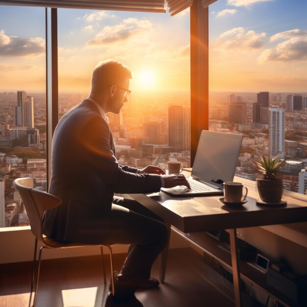 Businessman working on laptop in modern office with city view