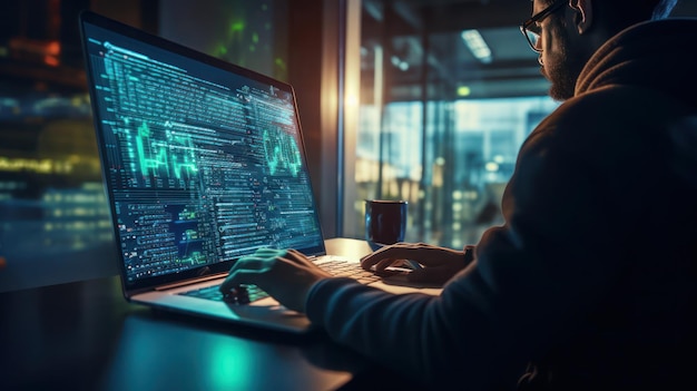 Businessman working on laptop in night city with glowing lights and flare