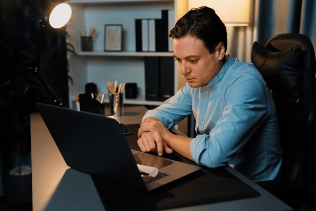 Photo businessman working on laptop for searching database market stock pecuniary