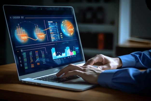 Businessman working on a laptop showing business charts Generative AI