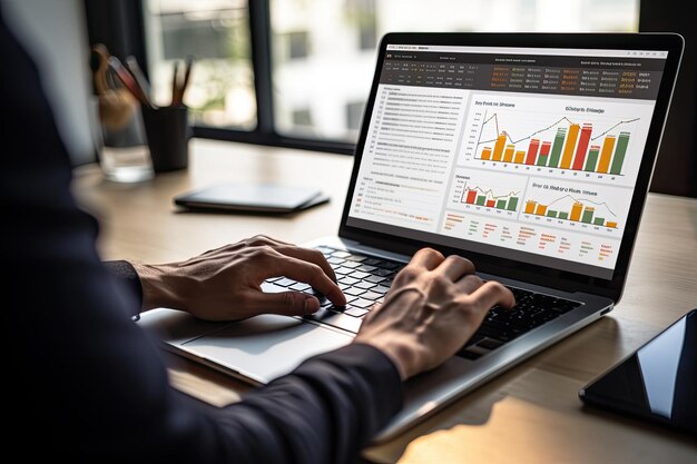 ビジネス財務データ分析の洞察スプレッドシートを表示するラップトップで作業するビジネスマン