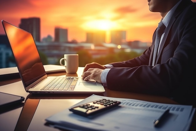 Businessman working on laptop at sunset in the office