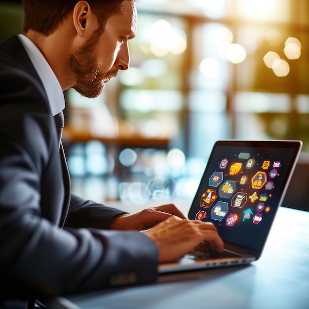 Businessman working on laptop with futuristic technology interface showing various app icons representing different online services and applications