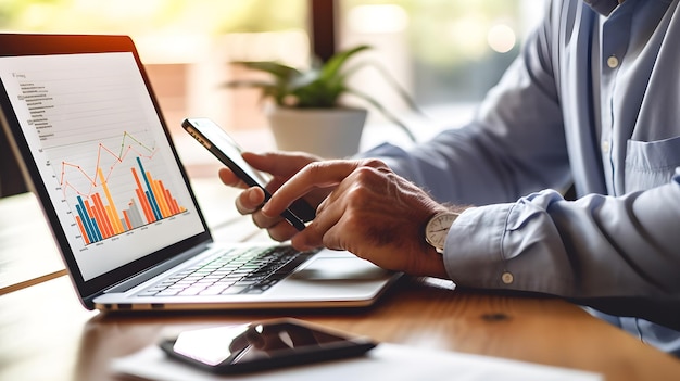 businessman working on laptop with infographic chart on screen