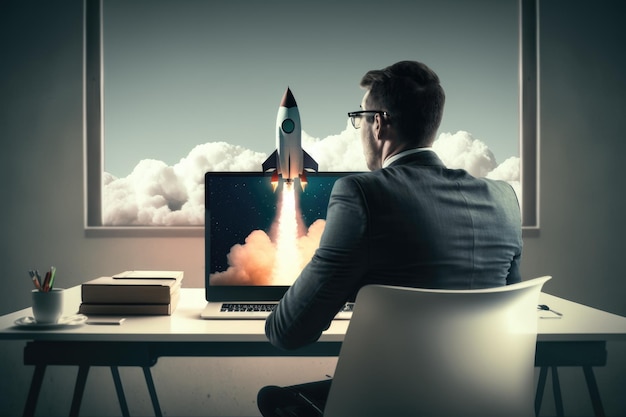 Businessman working on laptop with rocket coming out of screen at office desk Businessman startup AI