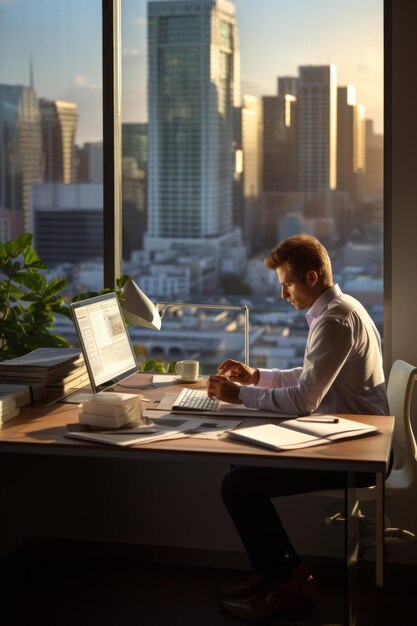 Businessman working late in his office overlooking the city