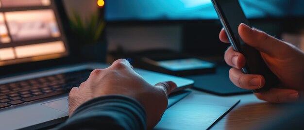 Businessman Working Late at Night on Smartphone