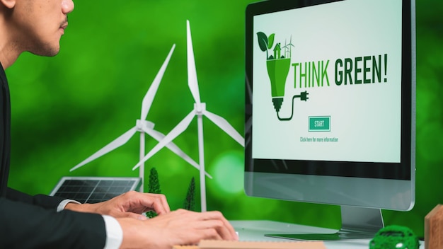 Businessman working in office developing plan on alternative energy Gyre