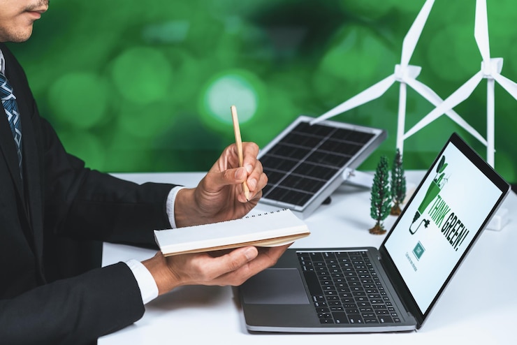 Photo businessman working in office developing plan on alternative energy gyre