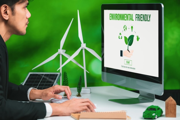 Photo businessman working in office developing plan on alternative energy gyre