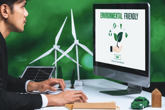 Businessman working in office developing plan on alternative energy Gyre