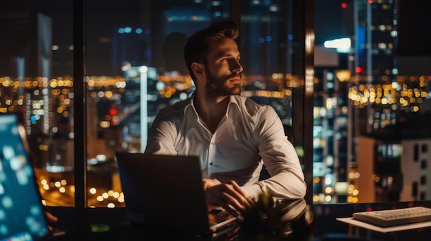 Businessman working in office at night