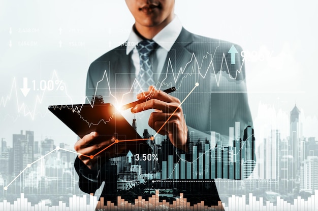 Businessman working with digital finance business graph of perceptive technology