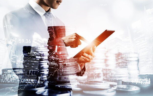 Businessman working with digital finance business graph of perceptive technology