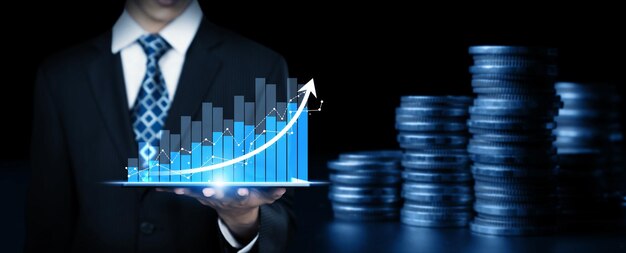 Businessman working with digital finance business graph of perceptive technology