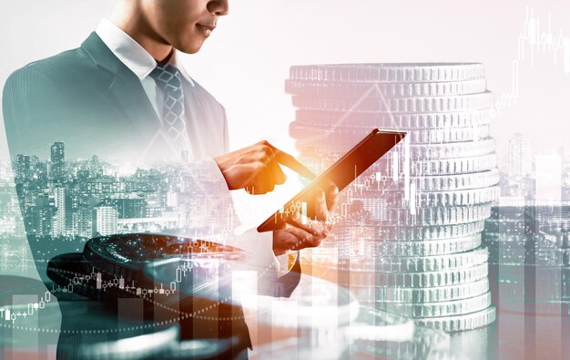 Businessman working with digital finance business graph of perceptive technology