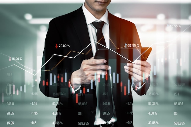 Businessman working with digital finance business graph of perceptive technology