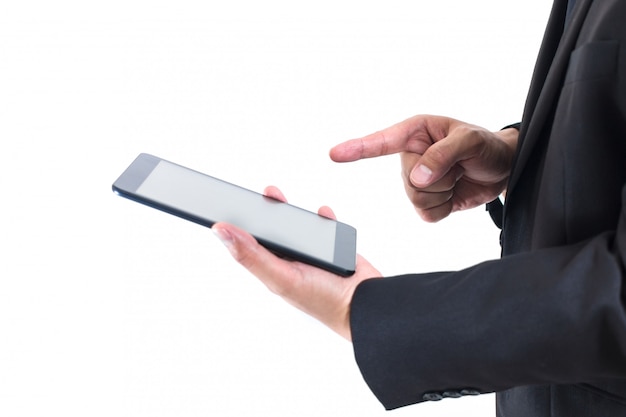 Businessman working with a digital tablet on white background.