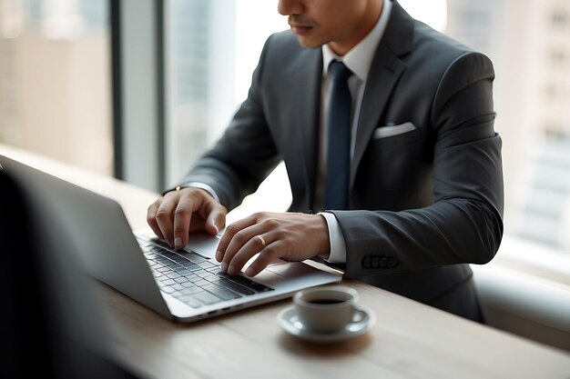 businessman working with laptop computer in modern office business and technology concept