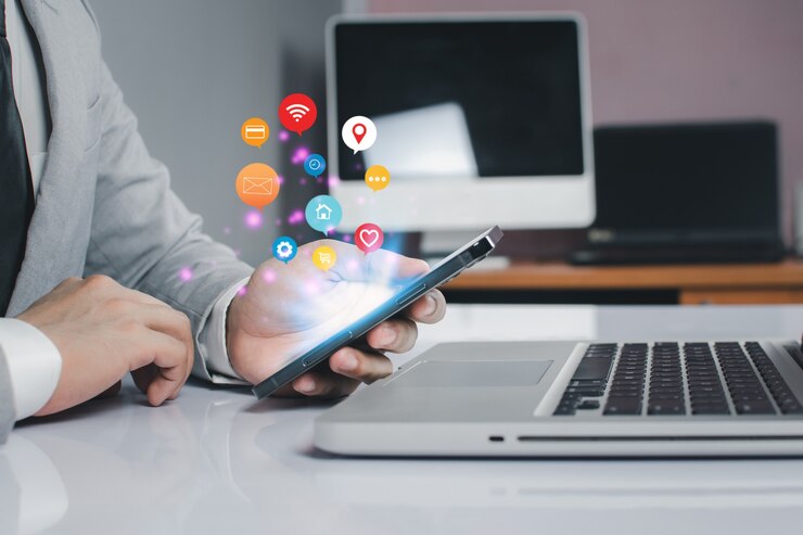 Photo businessman working with modern devices, digital computer and phone.business people are using innovative technology