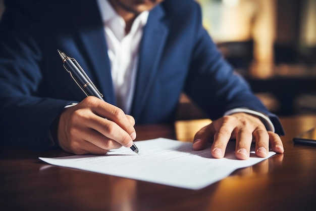 Businessman working and writes notes in paper notebook closeup Generative AI illustration