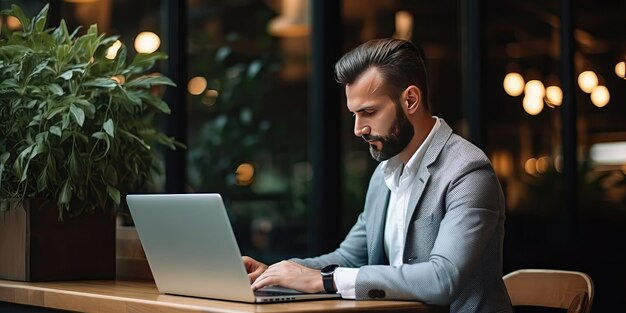 A businessman works at a computer