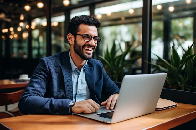 Businessman works on laptop