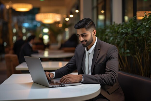 Businessman works on laptop