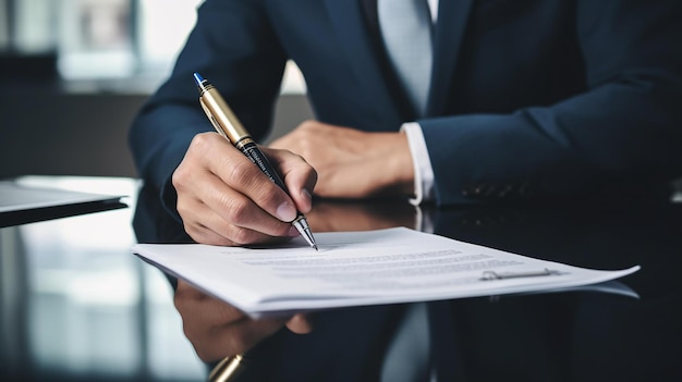 A businessman writing on a document in his office