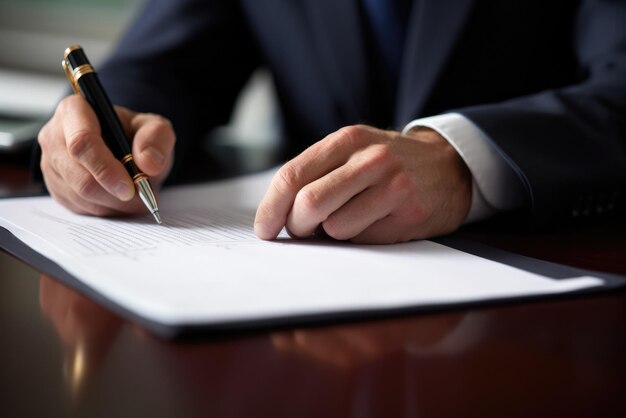 A businessman writing an important document