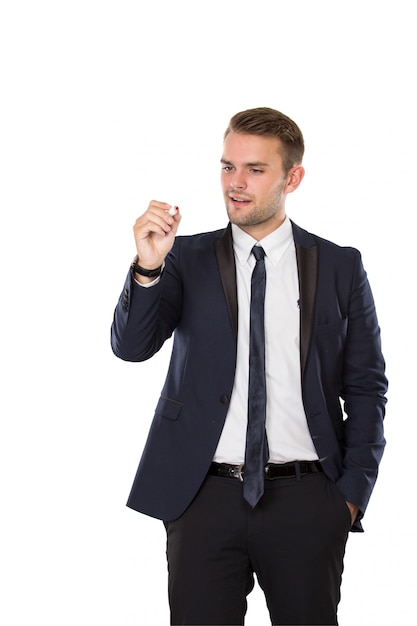 Businessman writing into virtual screen