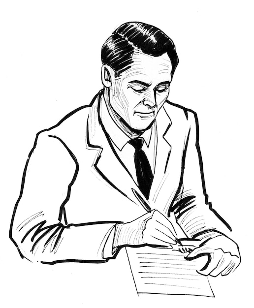 Businessman writing in notebook. Ink black and white drawing