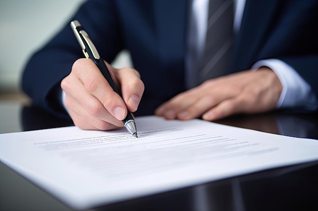 A businessman writing notes on a document in a professional setting