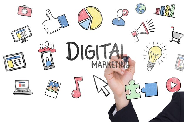 Photo businessman writing with black marker against digital marketing
