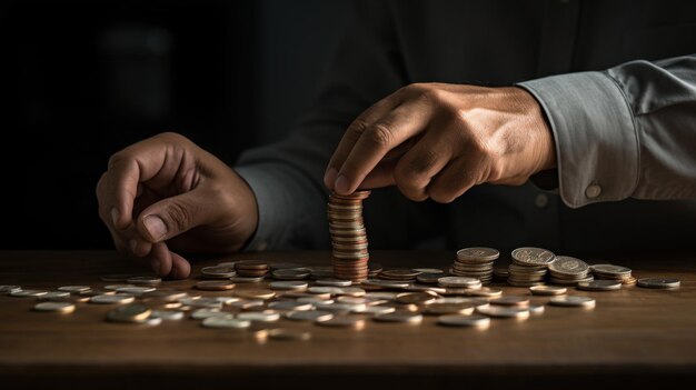 Foto un uomo d'affari raccoglie con la mano delle monete da impilare su un tavolo di legno un uomo di affari mette le monete