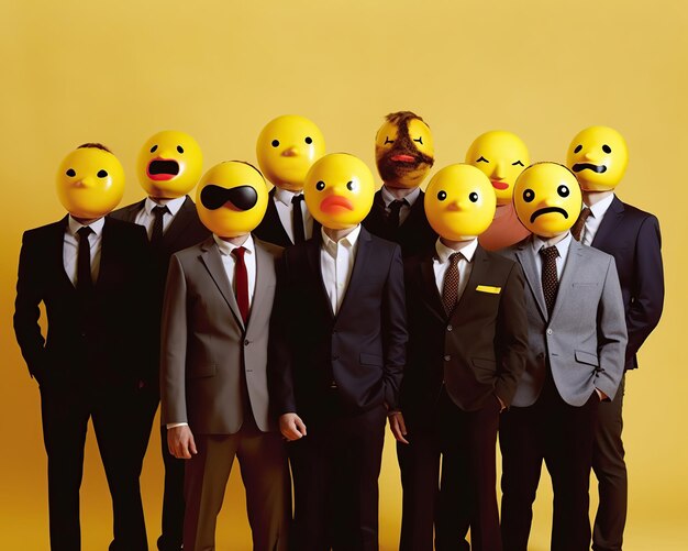 Photo businessmans in business suits with face emojis on yellow background