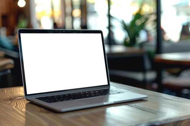 Businessmans desk with laptop empty screen for copy space