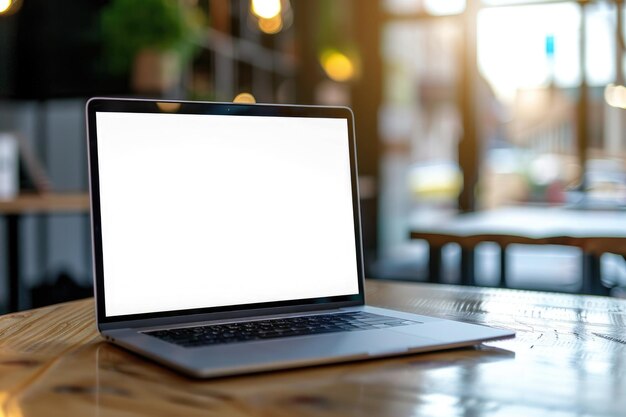 Businessmans desk with laptop empty screen for copy space