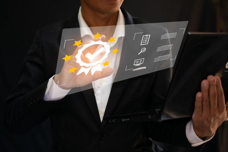 Photo businessmans hand using a laptop computer and hand touching a virtual screen to create a review rating platform and show signs of top service quality assurance guarantee standards