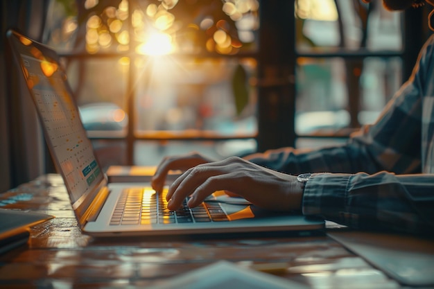 Businessmans hands working on finance laptop computer with graphic diagrams stock market AI