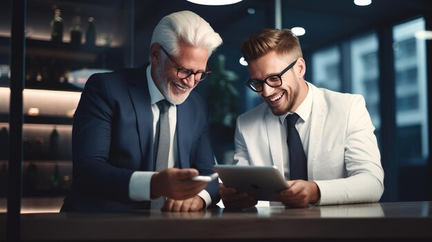 Photo businessmen checking work on ipad smiling cheerfully succeeding