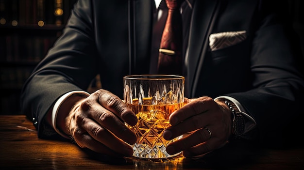 Businessmen closeup holding a glass of whiskey