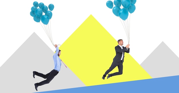 Businessmen floating with balloons with minimal shapes