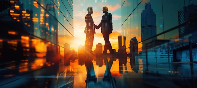 Businessmen handshake on an abstract background corporate skyscrapers at sunset