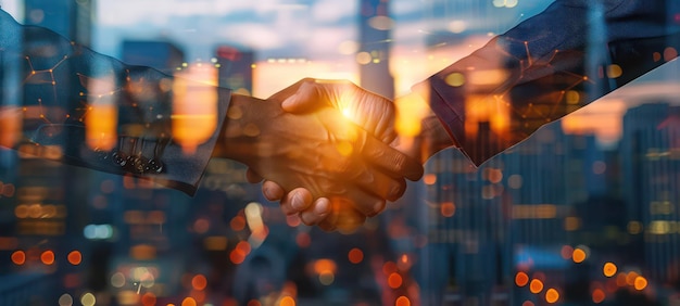 Businessmen handshake on an abstract background corporate skyscrapers at sunset