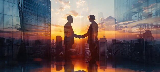 Businessmen handshake on an abstract background corporate skyscrapers at sunset