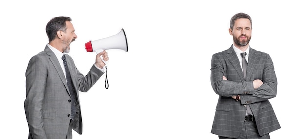 Photo businessmen ignore in loudspeaker on banner businessmen ignore shouting in loudspeaker