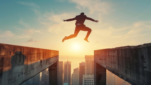 Businessmen jumping over gap in concrete bridge as symbol of overcoming challenges Sunlight and cityscape in the background