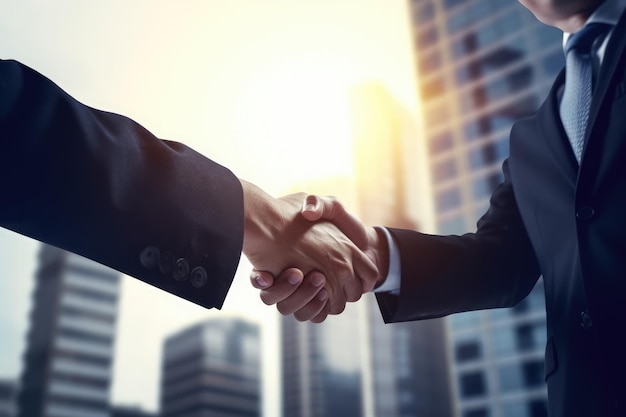 Businessmen making handshake in a city